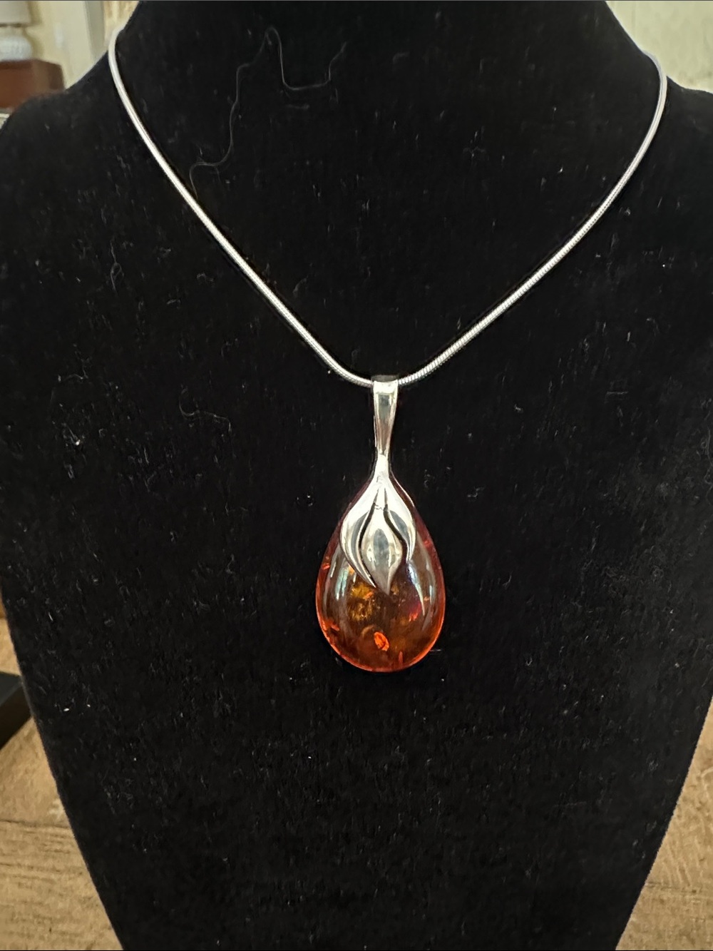 Sterling Silver Amber Teardrop Pendant - Orange